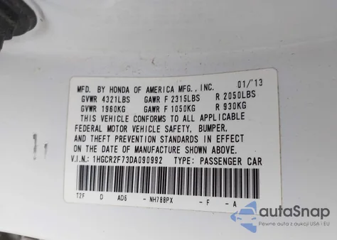 2013 Honda Accord Ex z USA, uszkodzony, nr VIN 1HGCR2F73DA090992